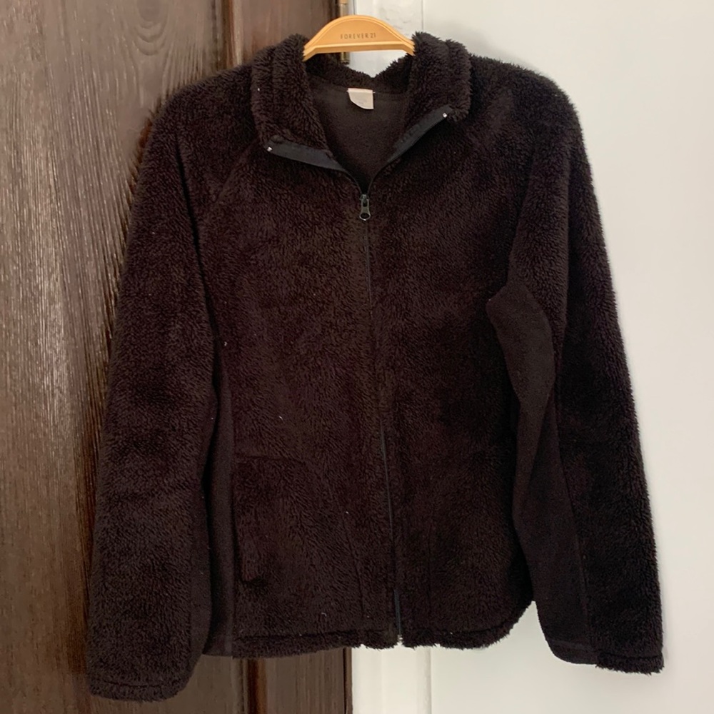 Fuzzy Black Zip-Up Jacket, Fleece